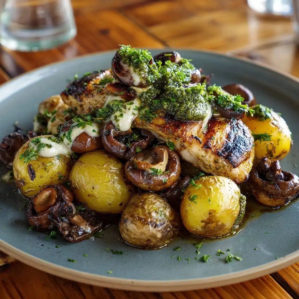 Creamy Garlic Mushroom Chicken Alfredo with Basil Pesto Potatoes Recipe