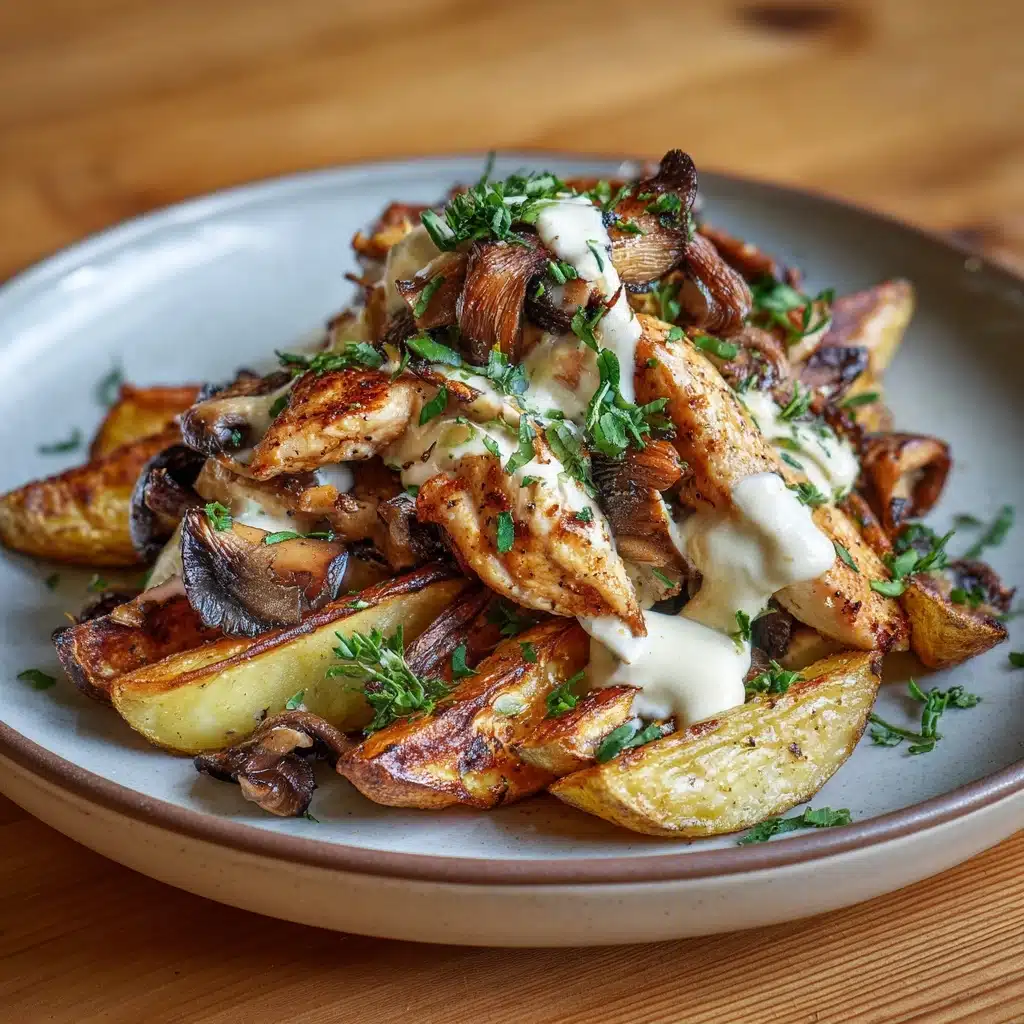 Creamy Garlic Mushroom Chicken Alfredo with Basil Pesto Potatoes Recipe - Recipe Image