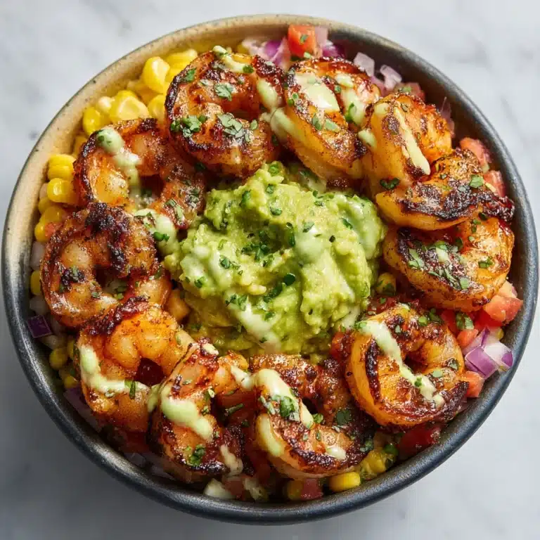 Grilled Shrimp Bowl with Avocado Corn Salsa and Creamy Garlic Sauce Recipe