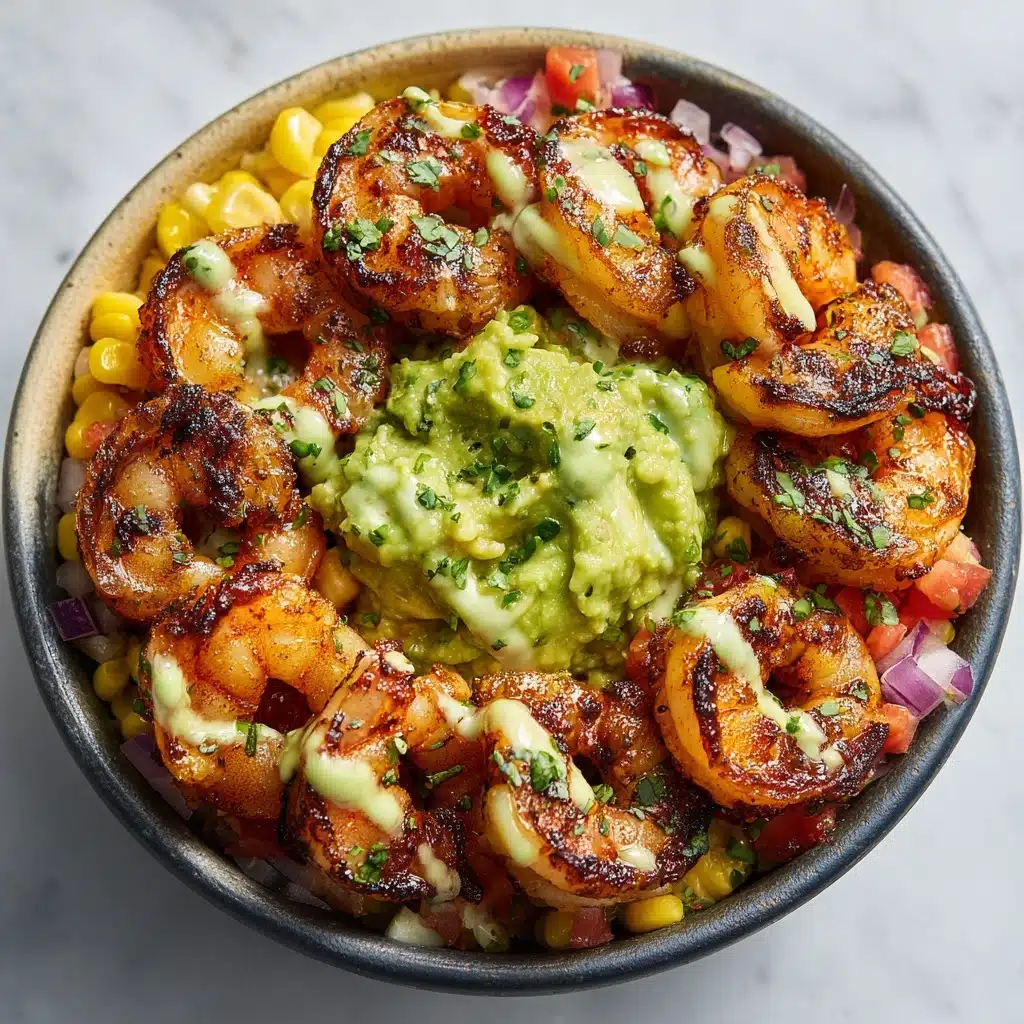 Grilled Shrimp Bowl with Avocado Corn Salsa and Creamy Garlic Sauce Recipe - Recipe Image
