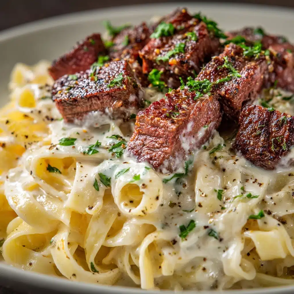 Savory Steak Gorgonzola Alfredo with Creamy Parmesan Sauce Recipe - Recipe Image