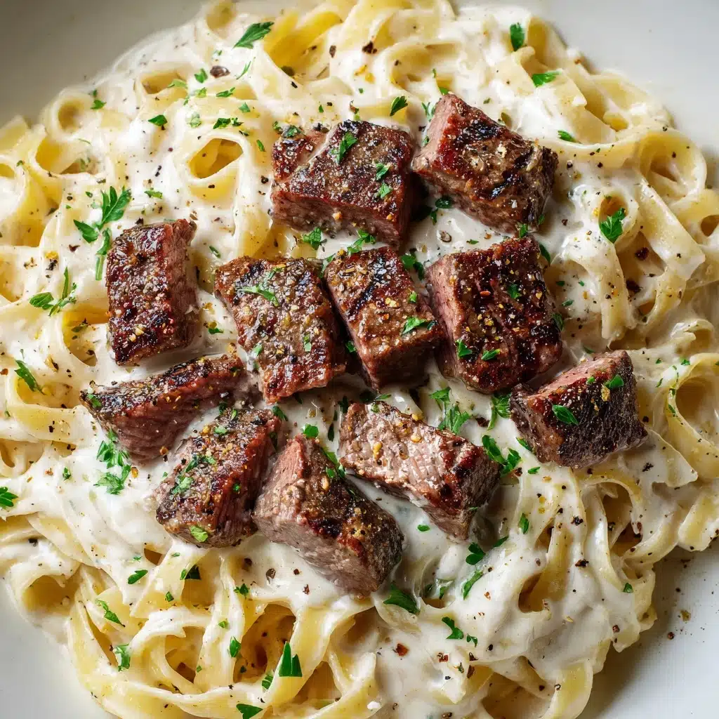 Savory Steak Gorgonzola Alfredo with Creamy Parmesan Sauce Recipe - Recipe Image