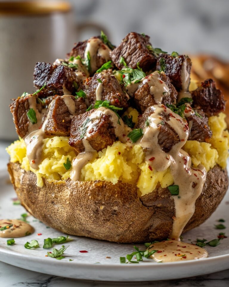 Loaded Baked Potato with Steak Bites and Parmesan Cream Sauce Recipe
