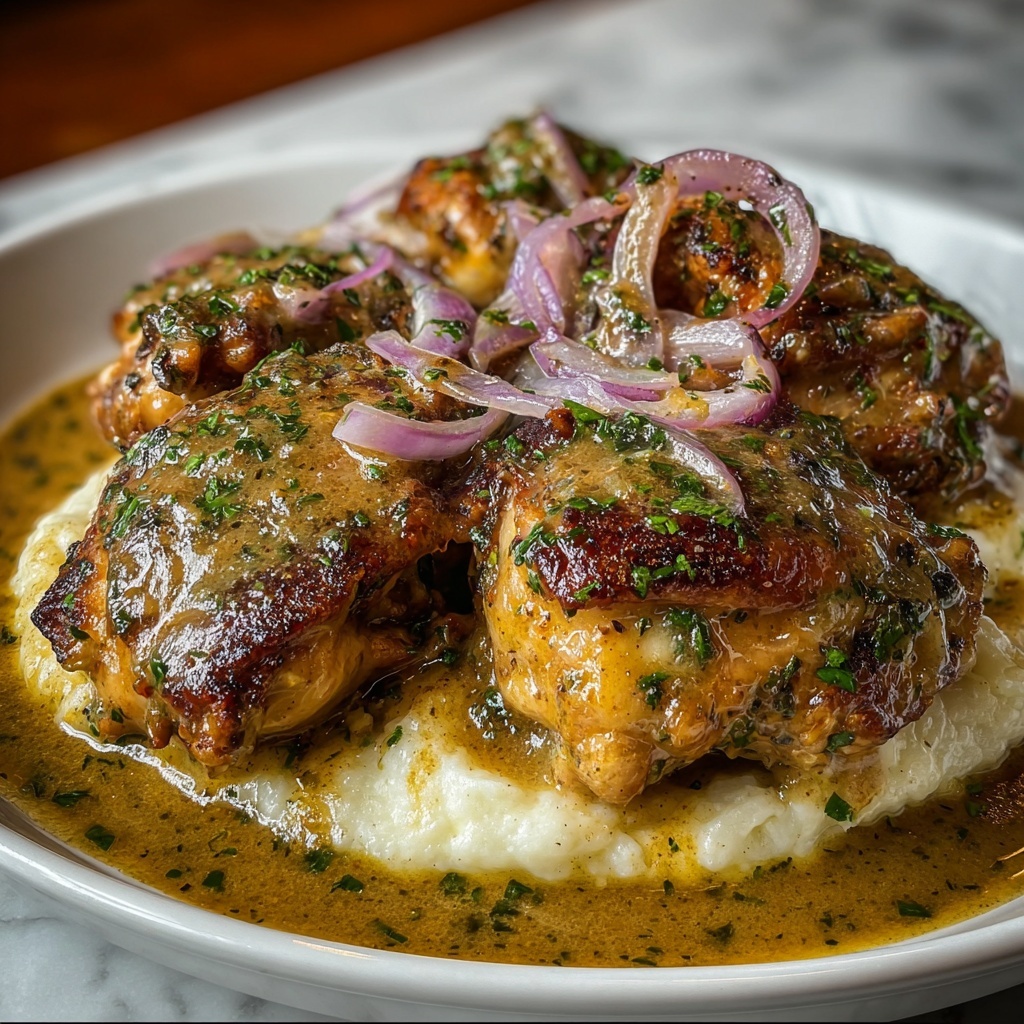 Smothered Chicken Thighs in Creamy Gravy Recipe - Recipe Image