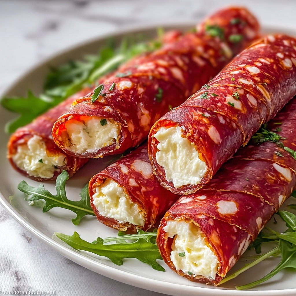 Salami Roll-Ups with Cream Cheese and Fresh Veggies Recipe - Recipe Image