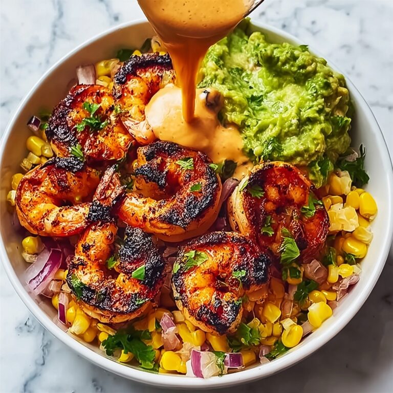 Grilled Shrimp Bowl with Avocado, Corn Salsa & Creamy Sauce Recipe