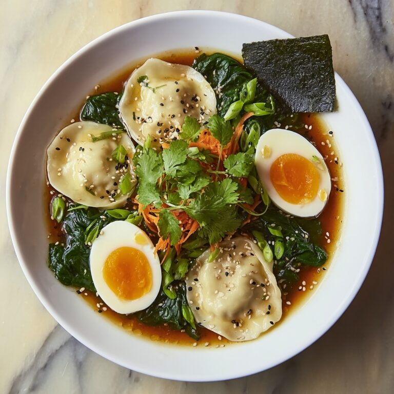 Savory Dumpling Ramen Bowl with Soft-Boiled Eggs and Fresh Greens Recipe