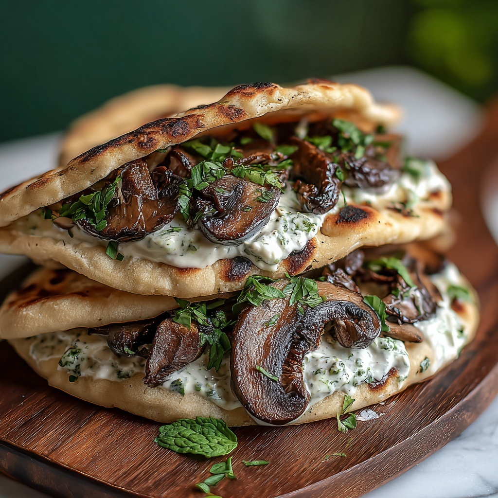 Cheesy Beef and Mushroom Pita Pockets with Tzatziki Sauce Recipe - Recipe Image