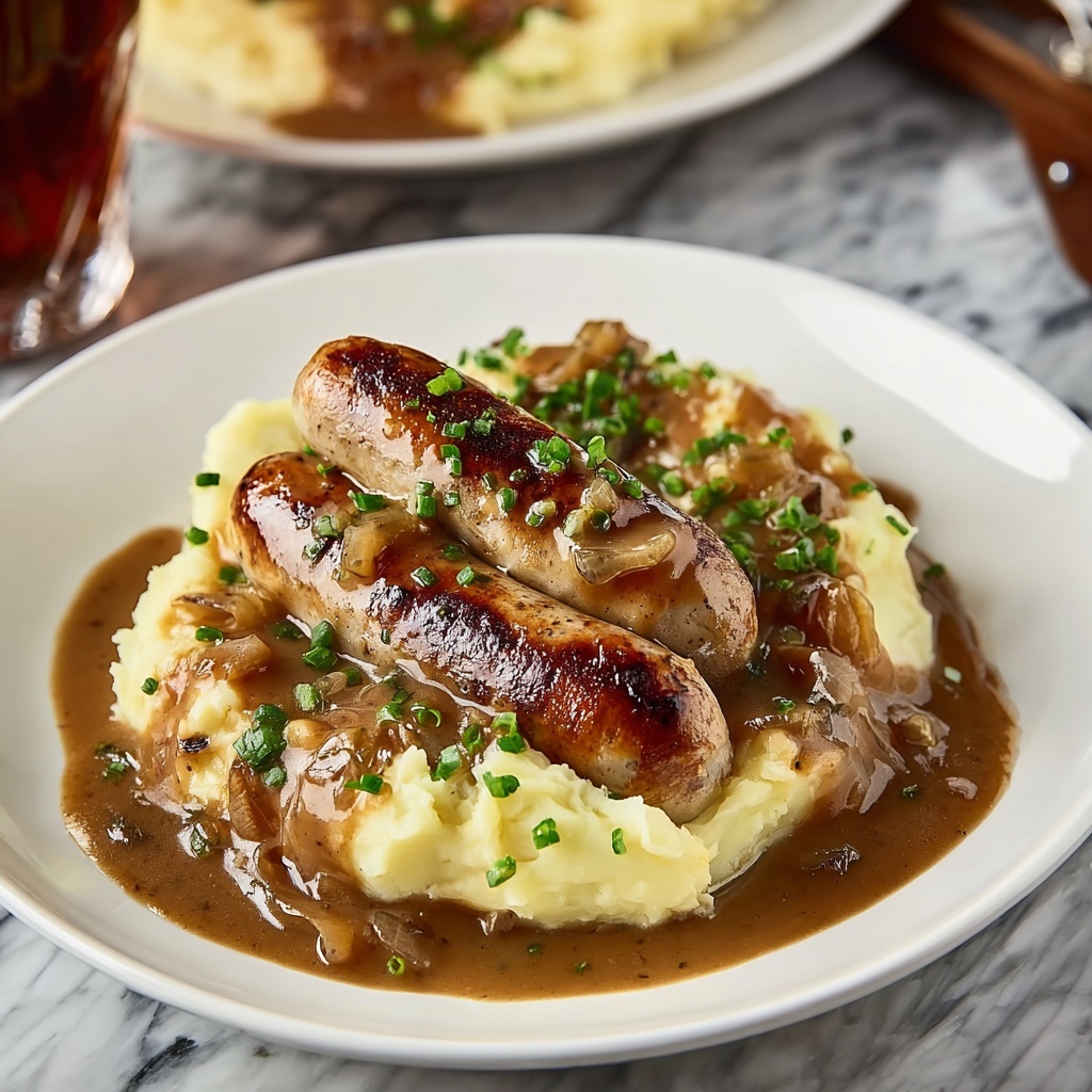 Bangers and Colcannon with Guinness Onion Gravy Recipe - Recipe Image
