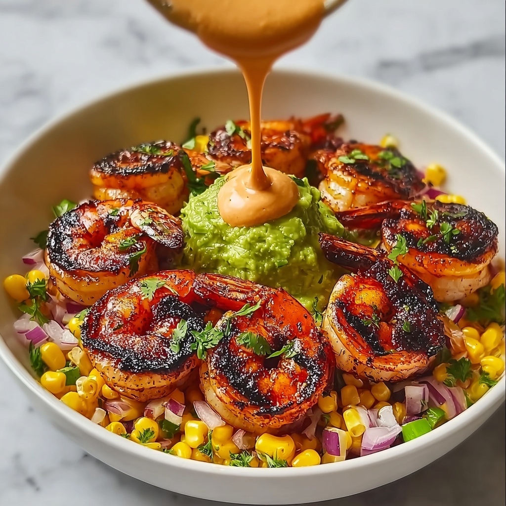 Grilled Shrimp Bowl with Avocado, Corn Salsa & Creamy Sauce Recipe - Recipe Image
