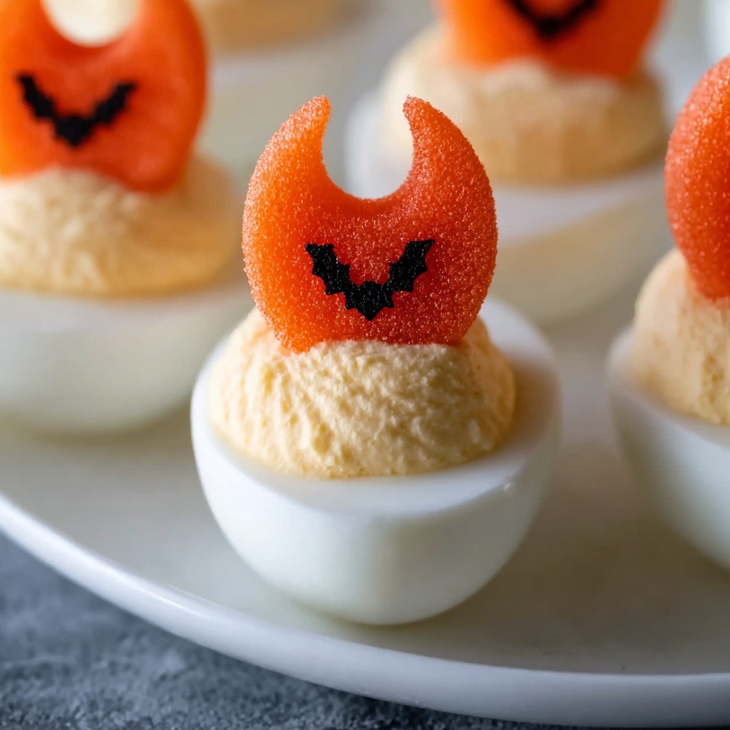 Cute Halloween Deviled Eggs with Spooky Red Pepper Wings Recipe - Recipe Image