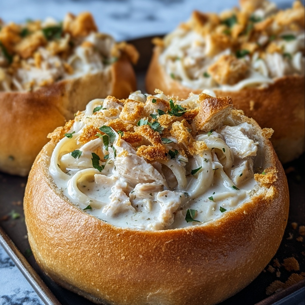 Chicken Alfredo Garlic Bread Bowls Recipe - Recipe Image