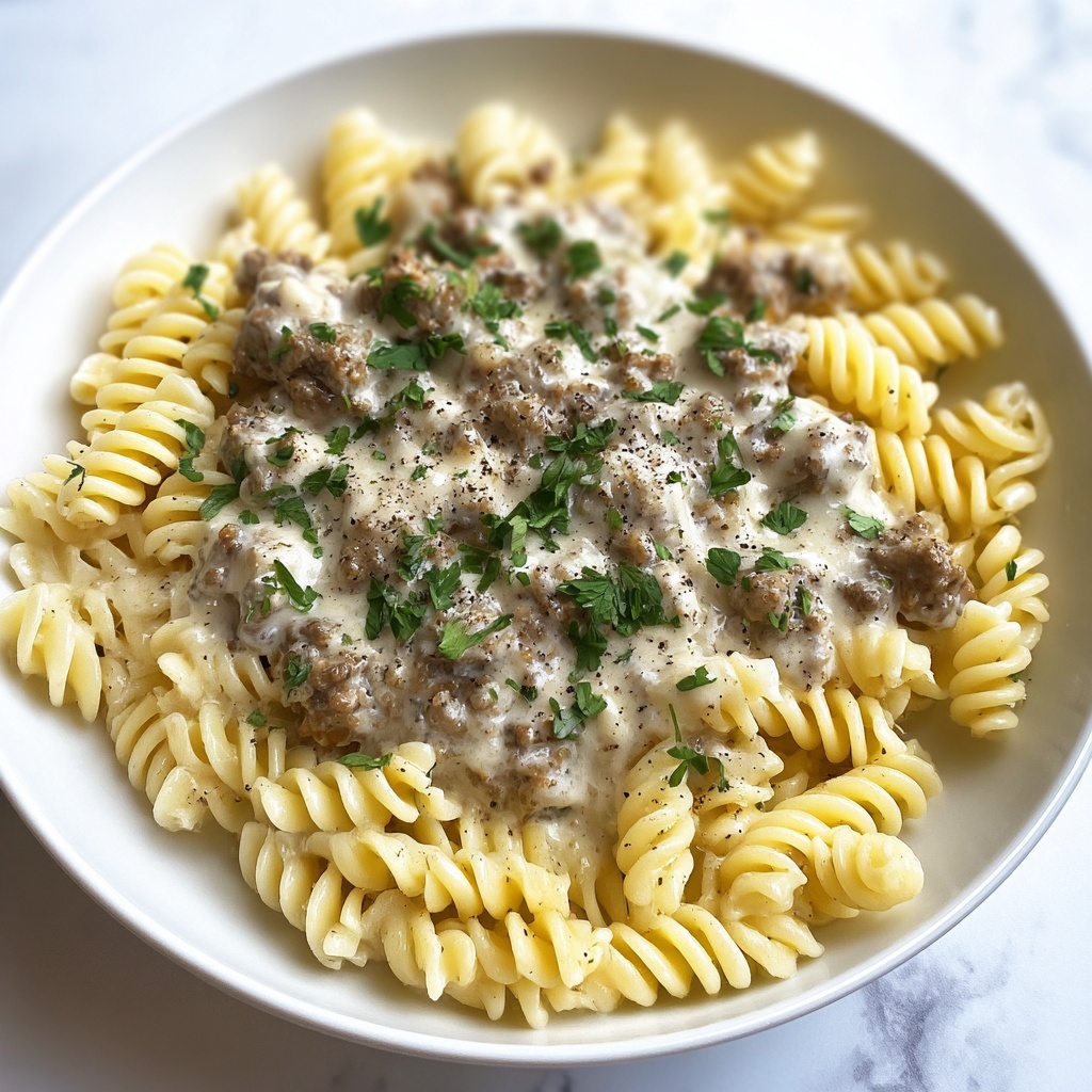 Beef and Rotini in Garlic Parmesan Sauce Recipe - Recipe Image