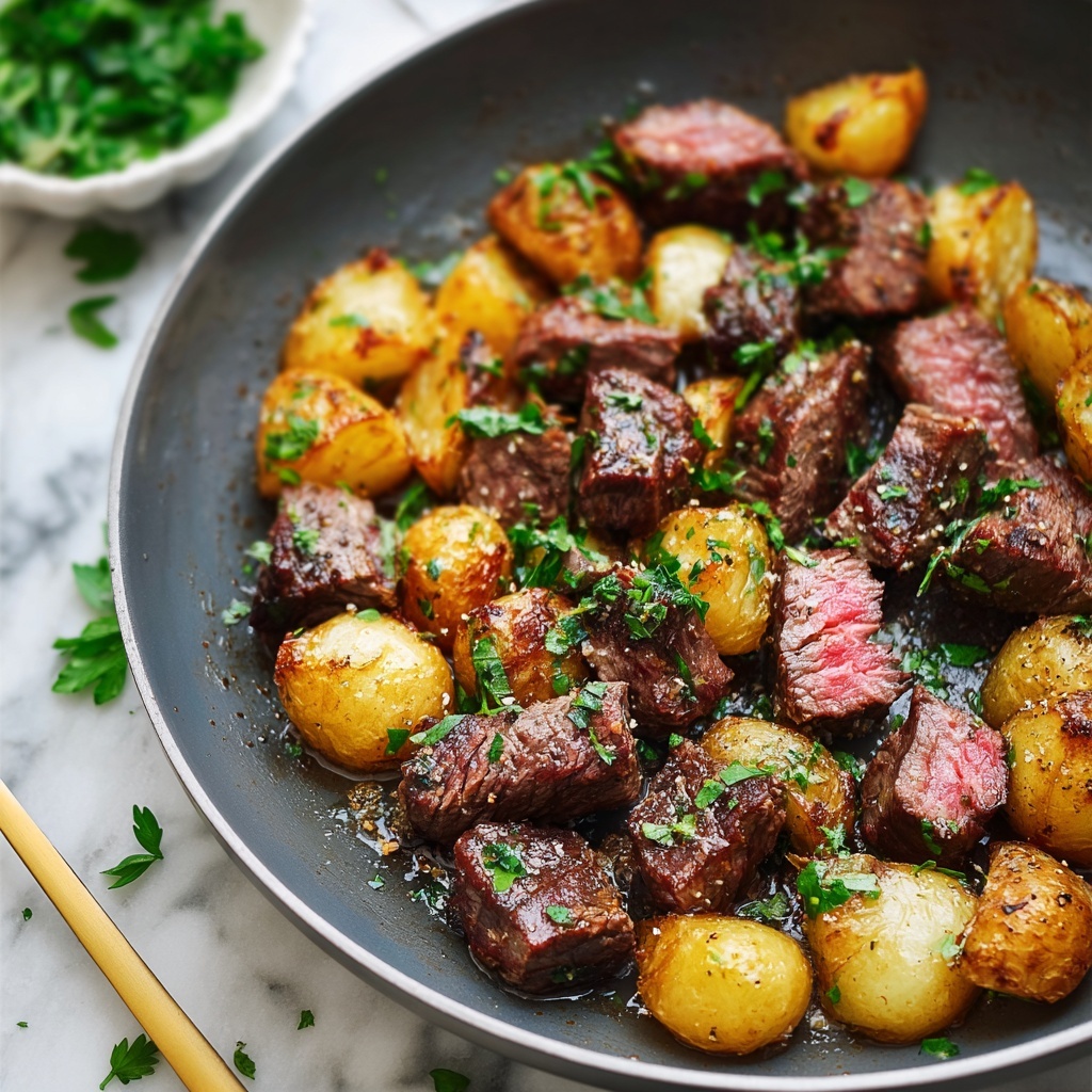 Garlic Butter Steak Bites and Crispy Roasted Potatoes Recipe - Recipe Image