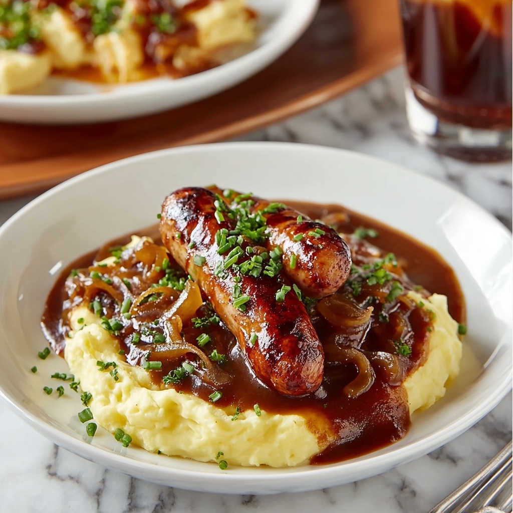 Bangers and Colcannon with Guinness Onion Gravy Recipe - Recipe Image