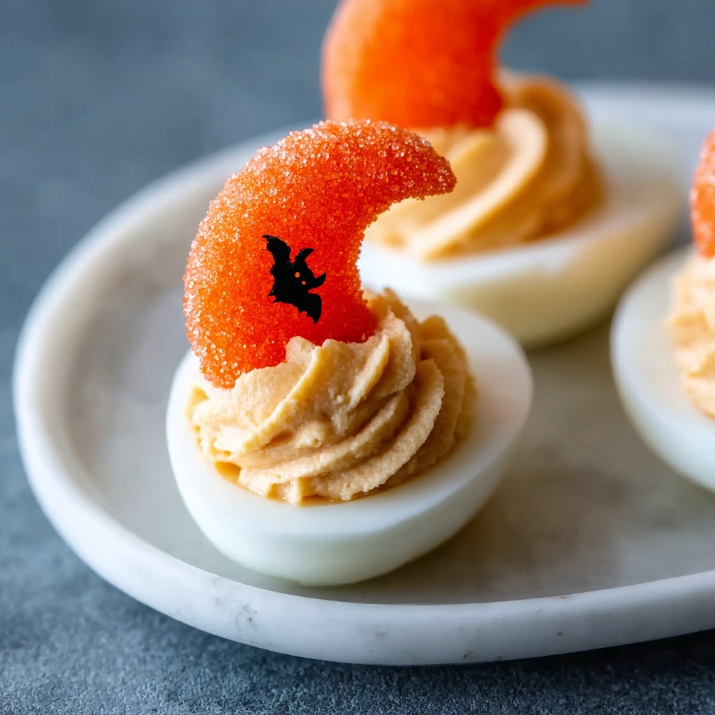 Cute Halloween Deviled Eggs with Spooky Red Pepper Wings Recipe - Recipe Image