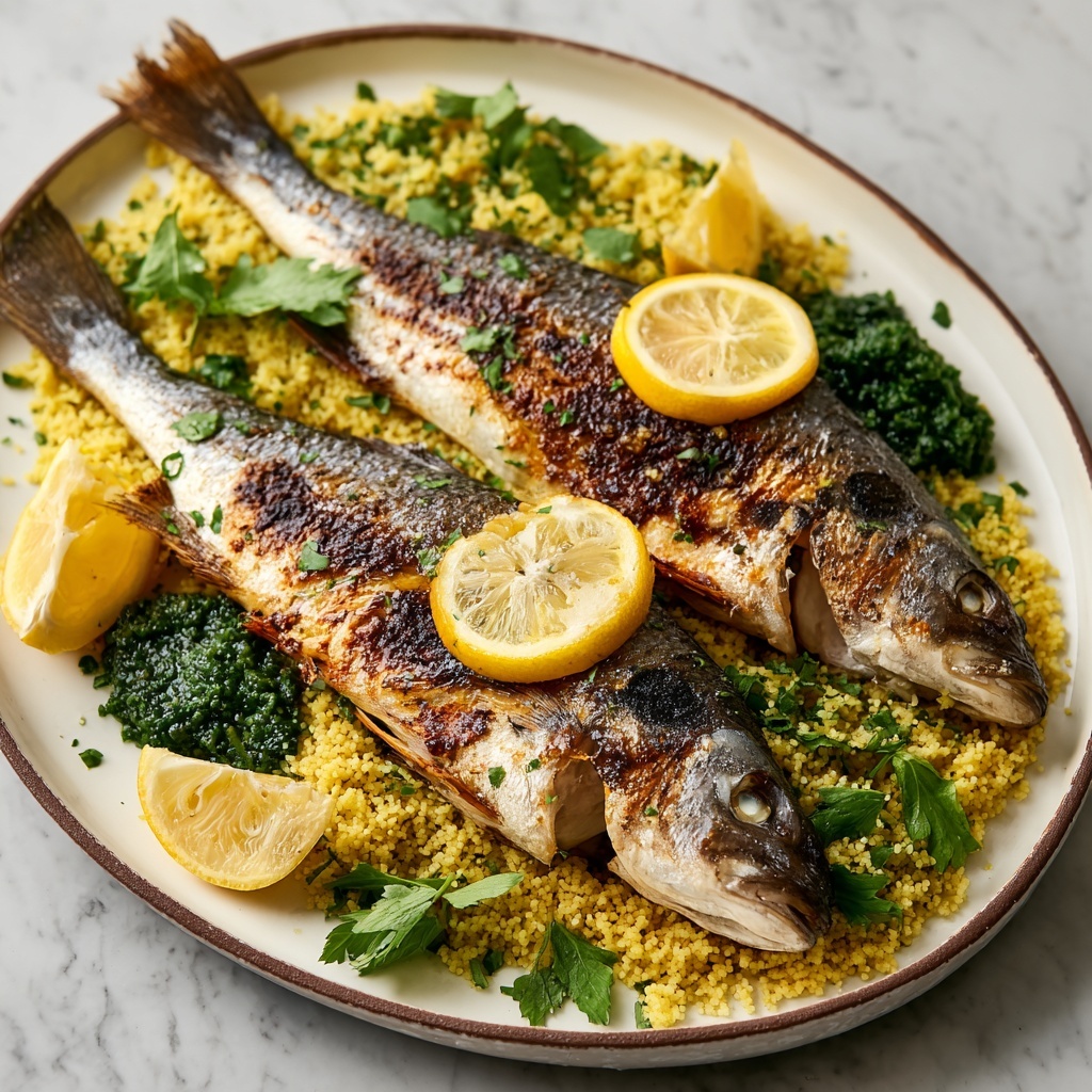 Grilled Sea Bass with Sumac Butter & Lemon Couscous Recipe - Recipe Image