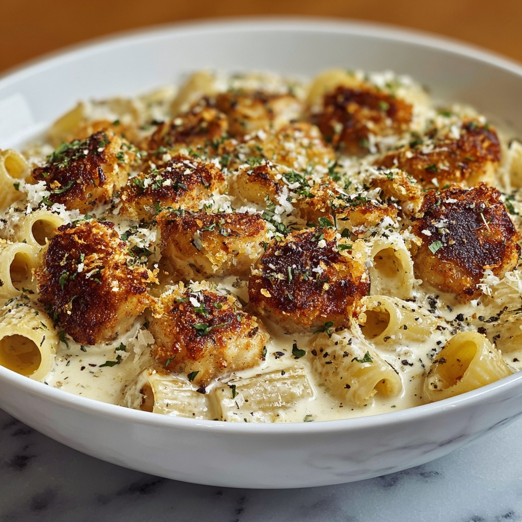 Cheesy Garlic Butter Chicken Bites with Creamy Parmesan Pasta Recipe - Recipe Image