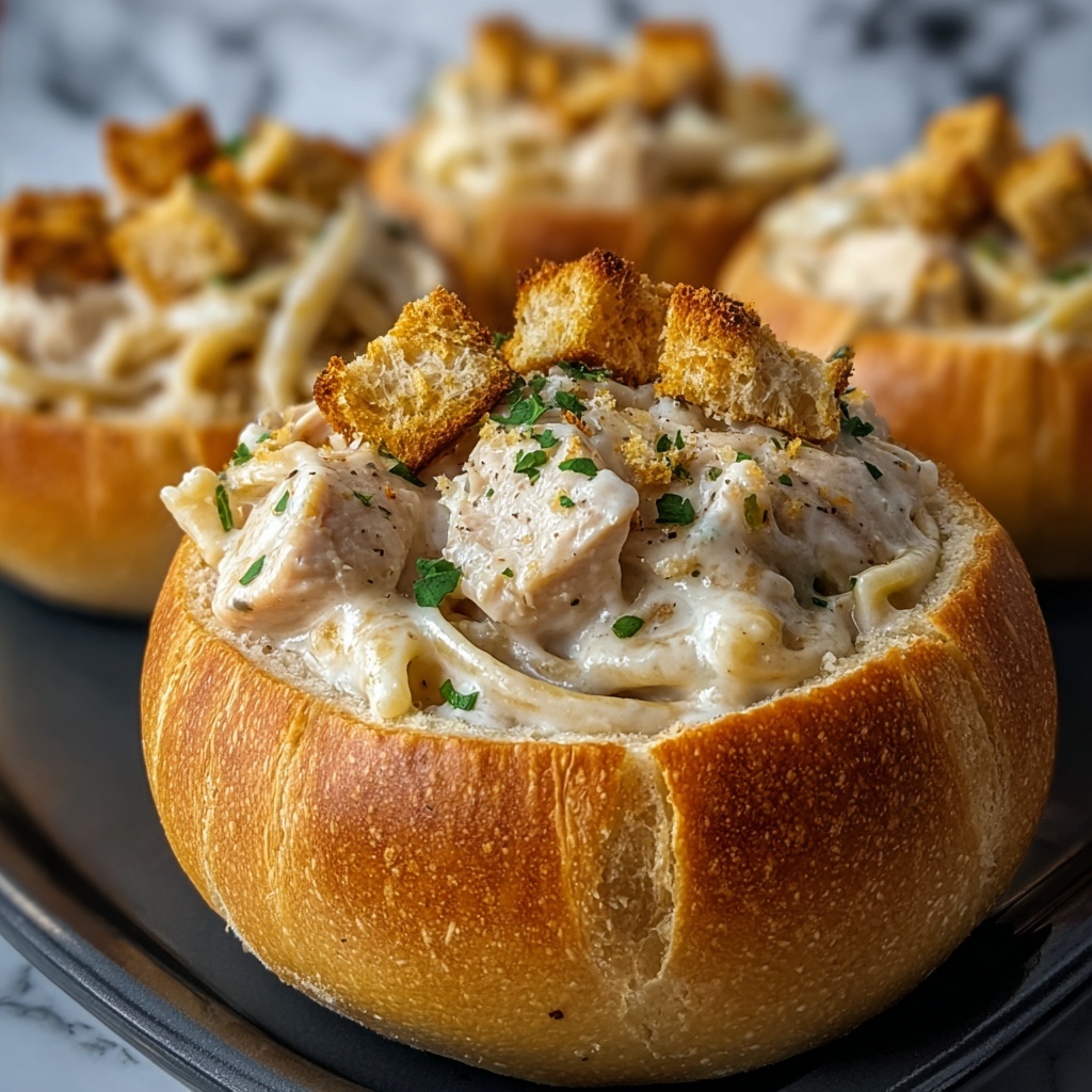 Chicken Alfredo Garlic Bread Bowls Recipe - Recipe Image
